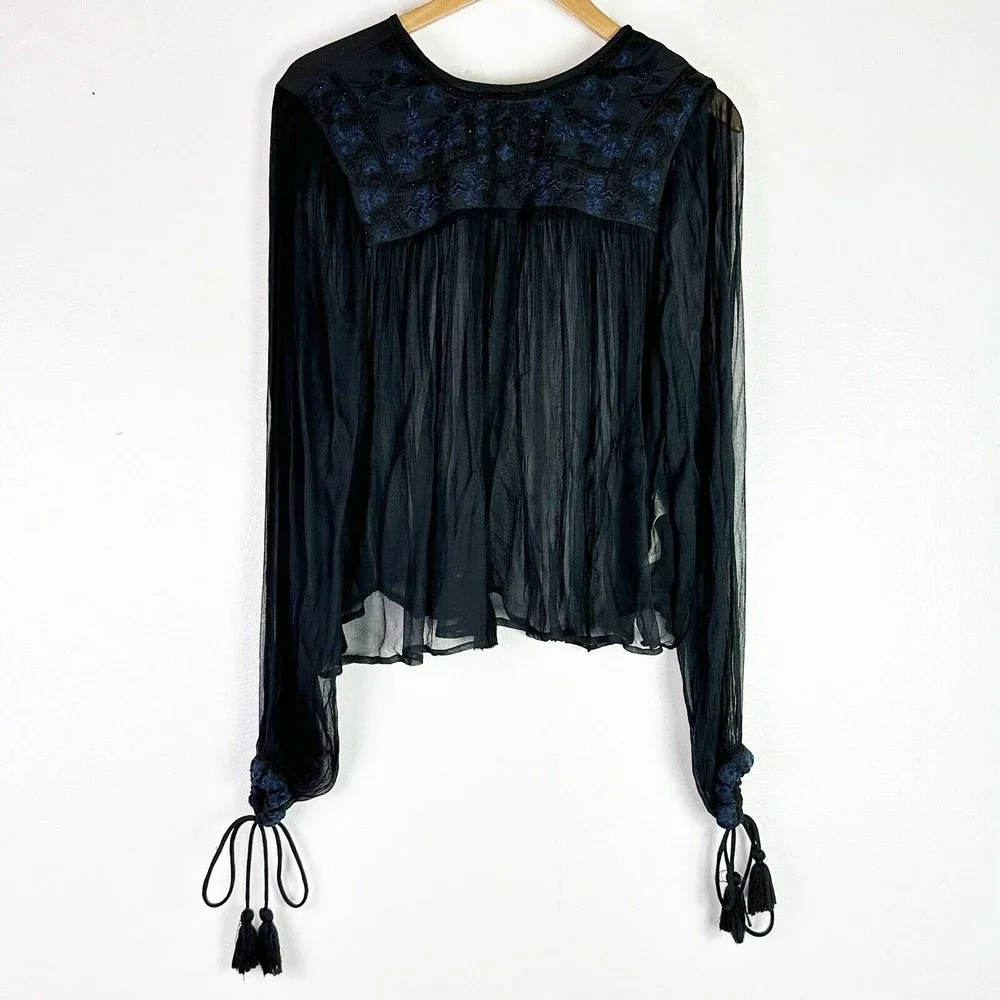 Free People Sheer Black Long-Sleeve Tassel Blouse